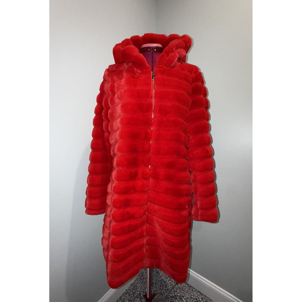 RISISSIDA Women Red Faux Fur Coat Fuzzy Jacket Hooded Winter‎ Fall Warm Overcoat